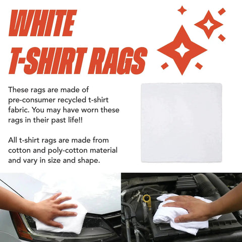 Bulk T Shirt Rags 5 Lb Box White Cotton Wiping Cloths For Paint, Stain, Grease Cleanup In Shop And Auto Use displayed with usage.