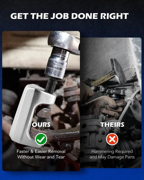 Side view comparison of Ball Joint Separator And Pitman Arm Puller Set For Front End Service 3 Piece versus a hammer and wrench method.