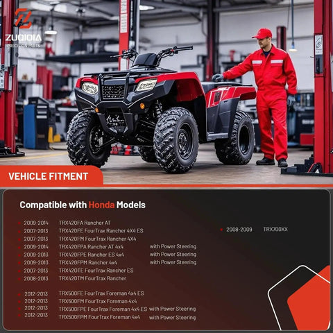 Red Honda ATV with compatible models list, Rancher and Foreman fitment, showcasing garage setting
