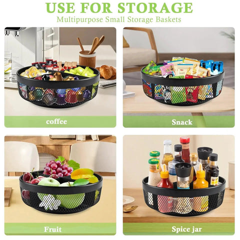 Snack Organizer Turntable For Countertop In Black Metal With Divider 4 Compartment Spinning Tray Go To Lazy Susan For Pantry Kitchen Bar Storage And Countertop Organization