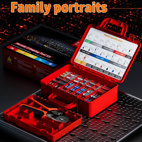 Self Adjusting Ratchet Wire Crimping Kit With 1750 Tinned Copper Ferrule Terminals, open red box with organized terminals.
