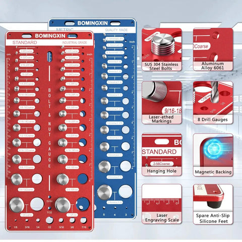 Nut and Bolt Thread Checker With Magnetic Base and Anti Slip Feet All In One Bolt Size and Thread Gauge Set showing gauges.