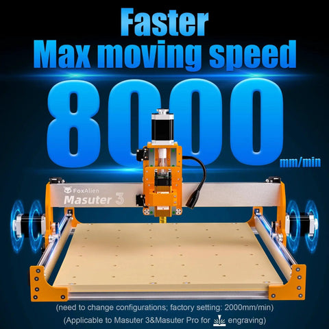 Masuter 3 CNC Router highlighting max speed 8000mm/min for precise engraving and milling, suitable with NEMA 23 Stepper Motor Upgrade Kit.