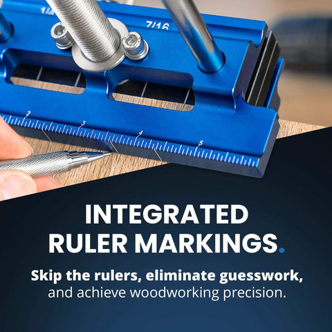 Self Centering Dowel Jig With Elongated Jaws And Extra Wide Clamp For Fast Accurate Woodworking The Setup Is A Breeze With This Durable Aluminum Alloy Drill Guide In A Bold Blue Finish Built For Lasting Craftsmanship And Easy DIY Projects with integrated ruler markings