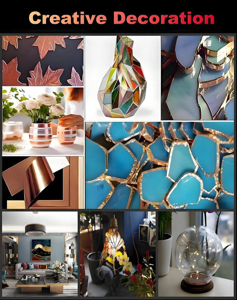 Collage of stained-glass crafts: blue glass shards with copper foil edges, decorative vases, lamps, and art pieces.