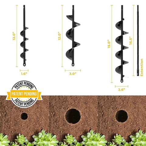 Auger Drill Bit Set for Planting Three Pack with Extension showing three auger sizes and holes in soil for gardening.