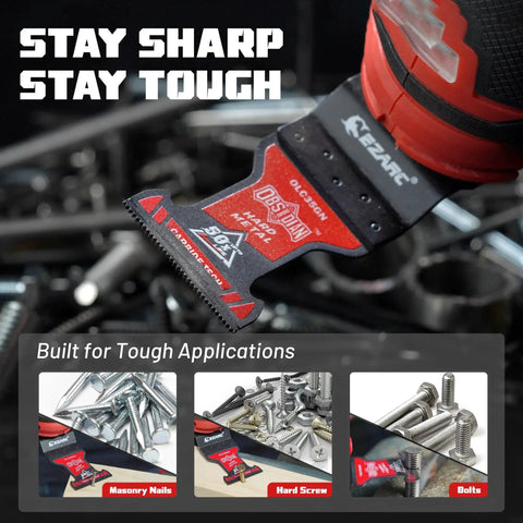Obsidian Carbide Oscillating Saw Blades With TiCN Coating For Hard Metal Nails Bolts And Screws Quick Release Multi Tool Blades 3 Pack Built For Fast Clean Cutting And Long Lasting Performance EZARC shown in tough material cutting applications.