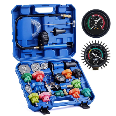 26 Piece Coolant Pressure Tester Kit With 18 Radiator Adapters, Vacuum Pump And Refill Tool, Thermometer, Hose, O Rings And Wrench in blue case