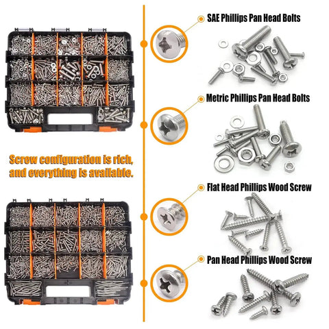 2002 PC Hardware Assortment Kit With SAE And Metric Stainless Steel Screws Nuts Bolts And Washers In A Double Sided Organizer Box