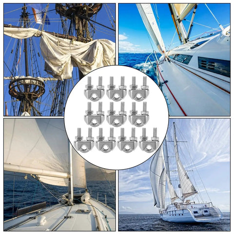 Stainless Steel Wire Rope Clip M4 U Bolt Saddle Fasteners for Boating and Sailing, showing multiple marine cables and sailboats