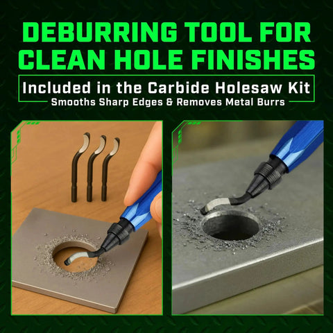Deburring tool from Tungsten Carbide Hole Saw Kit with 22 pieces in use on metal, for clean hole finishes.