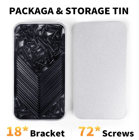 Black Stainless Steel L Brackets Set of 18 With 72 Screws Storage Tin shown with open lid showing contents
