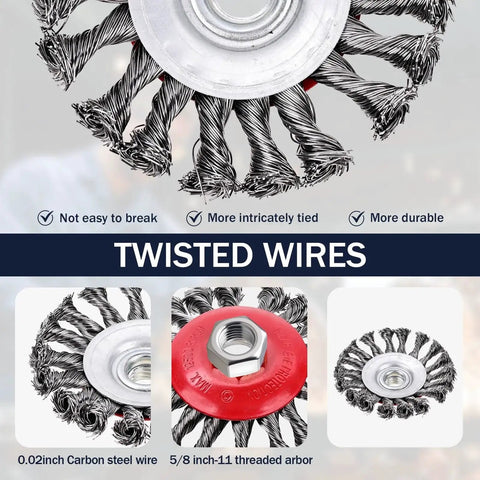 Close-up of a Three Pack Wire Wheel Brush Set with 0.02 inch carbon steel 72A twist wire and five eighth inch arbor for cleaning.
