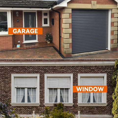 Exterior view of a residential garage with closed door and large windows with shutters.