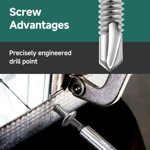 Close-up of drill bit and screw from 110 Piece Size Ten Stainless Steel Self Tapping Screws Kit With Hex Socket Drive.