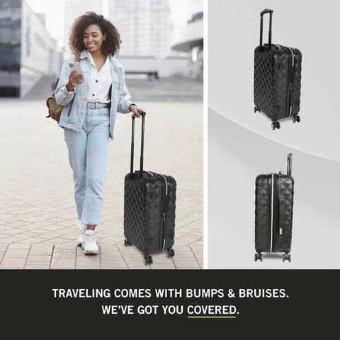 Diamond Tower Collection Lightweight Hardside Luggage With Expandable Two Inch Space Eight Wheel Spinner Travel Case In Durable Diamond Textured Exterior Black 28 Inch Checked Suitcase For Effortless No Fuss Airport Glide shown with traveler