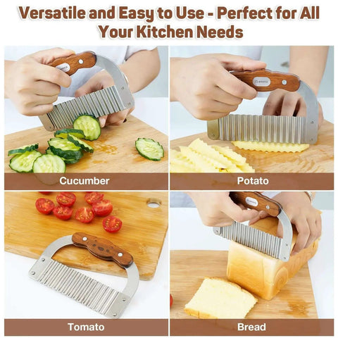 Bear Shaped Wave Cutter For Kids By ZLemma, With Safe Rounded Tip shown slicing cucumber, potato, tomato, bread on cutting board