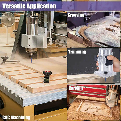Upcut Spiral Router Bit For CNC Woodworking With One Quarter Inch Shank And One Quarter Inch Cutting Diameter Two Flute Long End Mill For Mortises Milling Carving And Engraving Carbide Construction Pro Grade Quality By Yakamoz in versatile application displayed on CNC machine with examples of grooving, trimming, and carving work.