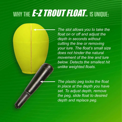 Original Slotted Trout Floats For Trout And Panfish With Easy Depth Adjustment 36 Pack Great For Drifting Small Jigs Or Live Bait Tackle Box Must Have showing yellow float and black peg with text instructions