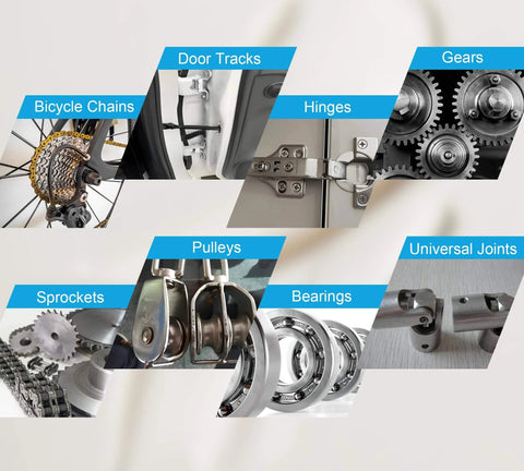 Close-up of bicycle chains, door tracks, hinges, gears, sprockets, pulleys, bearings, and universal joints lubricated by 4oz Go To Multi Purpose Lithium Grease For Metal Parts That Take Heat And Wear High Temp Automotive Lubricant With Brush Applicator Perfect For Brake Systems Bearings Gears Hinges Sliding Tracks And Other Metal To Metal Joints.