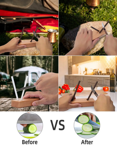 4 Rod Ceramic Sharpener Kit With Turn Box For Kitchen Knives in use outdoors and indoors, before and after sharpening comparison.