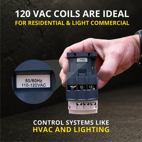 Hand holding Three Pole Contactor With 120V Coil, 30 Amp Normally Open 1NO/1NC Auxiliary, HVAC lighting load control device