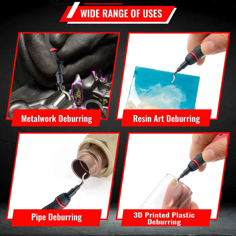 Extendable Neck Deburring Tool With Swivel Head And 4 Blades For Metal Plastic PVC Copper Resin And 3D Printed Edges Long Reach Up To 2 Inches Pro Grade Burr Removal For Plumbing And 3D Printing in use on metal, resin, PVC, and 3D printed materials