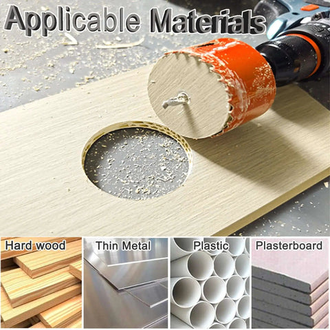 Five Eighths To Three Quarters Inch HSS Bi Metal Hole Saw cutting wood with applicable materials shown