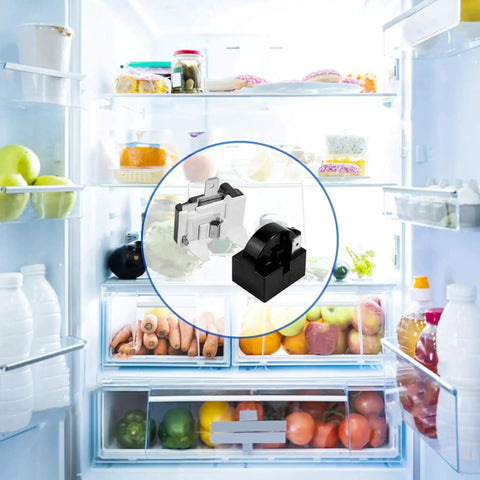 Two Pack QP2-4R7 PTC Start Relay For Refrigerator Compressor Start Up in front of open fridge with various groceries