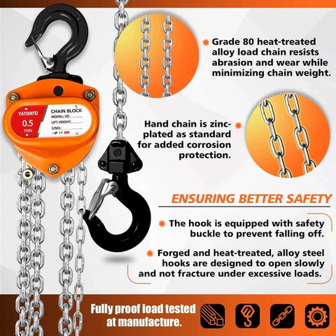 Half Ton Manual Chain Hoist With 10 Ft Lift And 1100 Lb Capacity Dual Hooks featuring safety features and industrial specifications