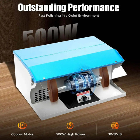 Top Notch 500W Jewelry Bench Polisher With Dust Collector And Work Light on wooden table, aluminum construction, side view.