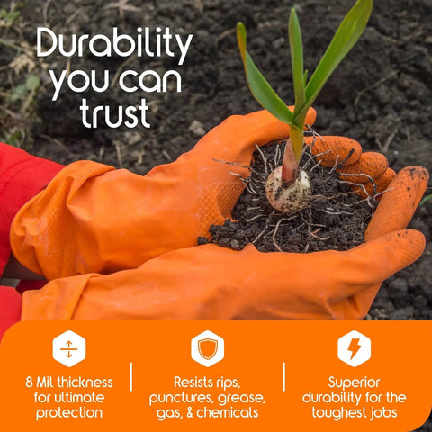 Person wearing Orange Nitrile Gloves 8 Mil Heavy Duty Diamond Textured Grip Large 100 Count planting a seedling in soil