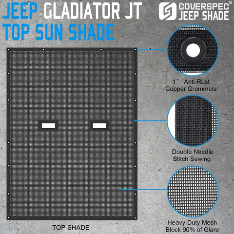 Jeep Gladiator JT Full Length Sun Shade Roof Bikini Cover UV Block Wind Noise, top view with mesh and anti-rust grommets.