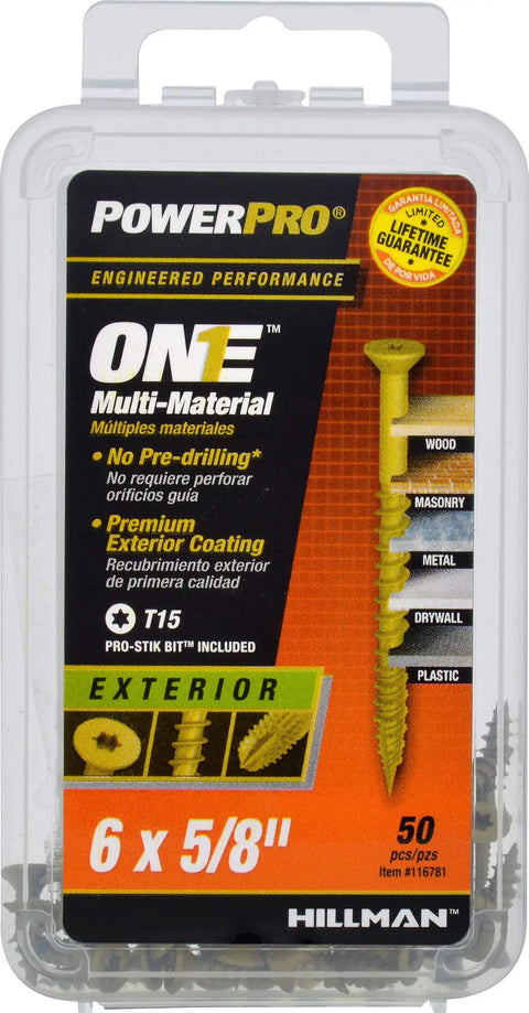 Packaging of All Purpose Multi Material Flat Head Screws Epoxy Coated Bronze Steel For Wood Metal Concrete Drywall And Plastic No Pre Drilling Required #6 x 5/8 Inch 50 Pack.