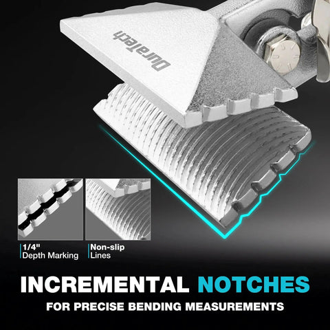 Close-up of Rugged Pro Grade 3 Inch Sheet Metal Bender with ergonomic TPR handle, showing incremental notches for precise bending.