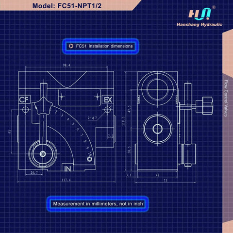 Technical drawing of the Hydraulic Adjustable Flow Directional Control Valve For Half Inch NPT Port And 30 GPM FC51.