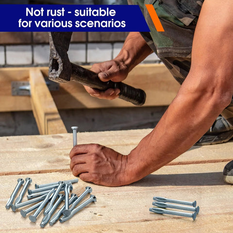 Person using 100 Pcs 1/4 Inch X 3 Inch Split-Drive Flat Zinc Plated Hammer-In Concrete Nails For Concrete And Cement Structures