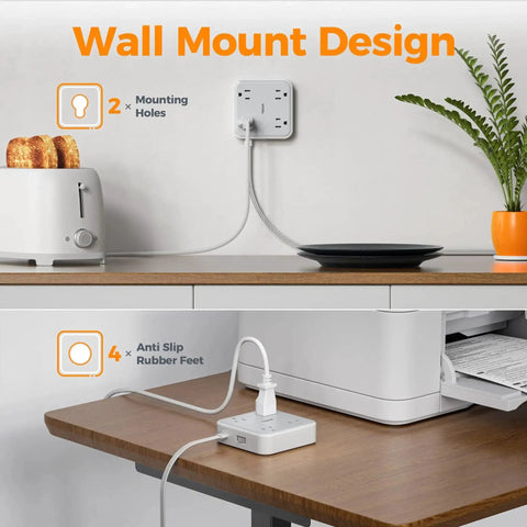 Extension Cord 10 Ft Long Surge Protector Power Strip With 4 Outlets 3 USB Ports Including USB C 900 Joules Protection Flat Cable For Home Office Dorm Room Desktop Charging Station Grey shown wall-mounted and on desktop.
