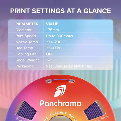Print settings information with Panchroma Matte PLA Filament Charcoal Black 1.75mm 1kg For FDM Printers spool visible.