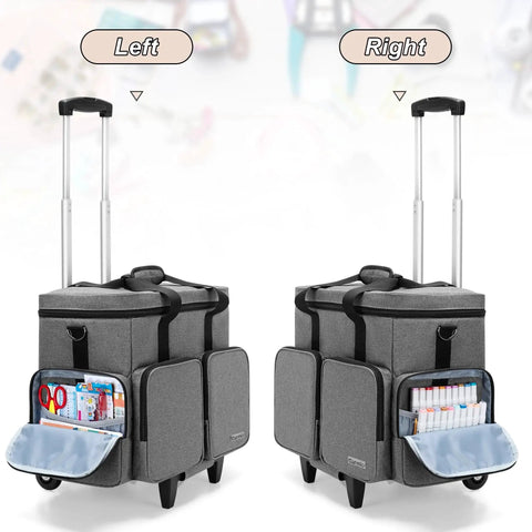 Left and right view of gray rolling scrapbook tote on wheels with detachable trolley and external pockets for crafting supplies.