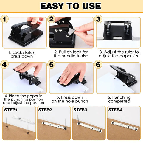 Heavy Duty Two Hole Punch Workhorse With 50 Prong Fasteners Padded Grip Handle 30 Sheet Capacity Paper Fastener Combo usage steps