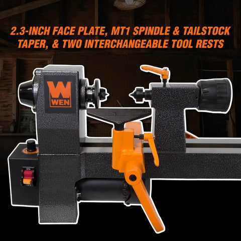 Side view of Mini Benchtop Wood Lathe With Variable Speed For Pens Bowls Cups Chess Pieces And More 8 Inch Swing 13 Inch Between Centers Soft Start Three Point Two Amp Motor By WEN Ideal For Small Projects And Fine Details with two tool rests and faceplate.