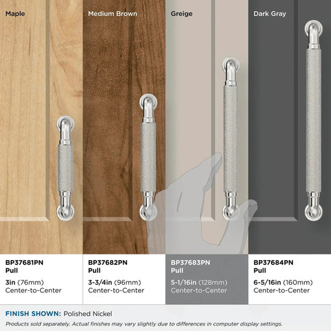 Collet 5-1/16 Inch Center-To-Center Polished Nickel Cabinet Pull shown on different wood finishes, 5-5/8 Inch overall length BP37683PN