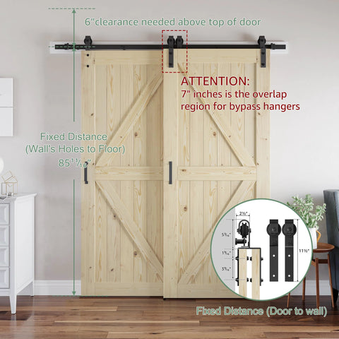 Double 36x84 Inch Solid Wood Panel Bypass Barn Door For 63x84 Opening With Sliding Hardware Kit Unfinished Surface Ready To Stain Heavy Duty Track System Smooth Quiet Sliding Easy Assembly installed view
