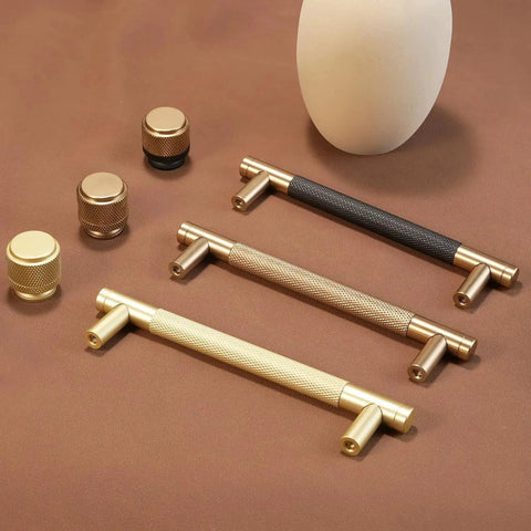 10 Pack 5 Inch Brushed Gold Knurled Cabinet Pulls For Kitchen Cabinets Drawers And Doors Durable Hardware display on brown surface