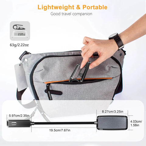 Rechargeable Clip On Book Light With 9 LEDs 3 Color Modes Stepless Dimming 80Hrs shown clipped to a gray bag.