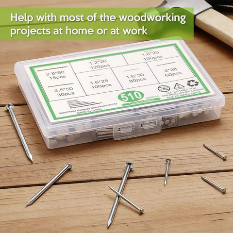 510 Piece Stainless Steel Nails Kit With 7 Sizes For Woodworking Fencing Furniture And DIY Projects Pro Grade Rust Resistant Easy Grab Fasteners To Power Through Projects And Save Time in a transparent storage case on a wooden surface