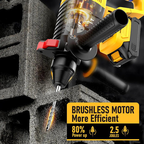 Cordless SDS Plus Rotary Hammer Drill With Brushless Motor, Safety Clutch, 4 Functions, 5 Drill Bits, Carrying Bag, Compatible With 20V Max Batteries For Concrete, Masonry, Wood, And Metal, Battery Not Included in action drilling a concrete block.