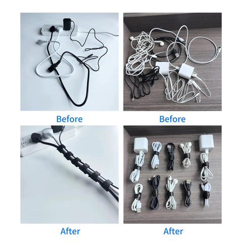 Before and after of cable setup using six inch black reusable cable ties for no fuss multi purpose cord organization, 60 pack.