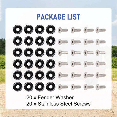 Black CNC Billet Aluminum Fender Washer Set 20 Pcs Engine Bay Dress Up Kit For Honda 10mm Bolt Holes and M6x20mm Bolts